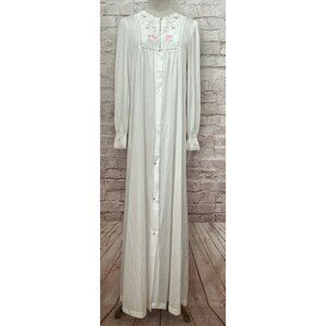 VTG Gilead White Nylon Full-Length Robe Embroidered Womens Petite Button Front